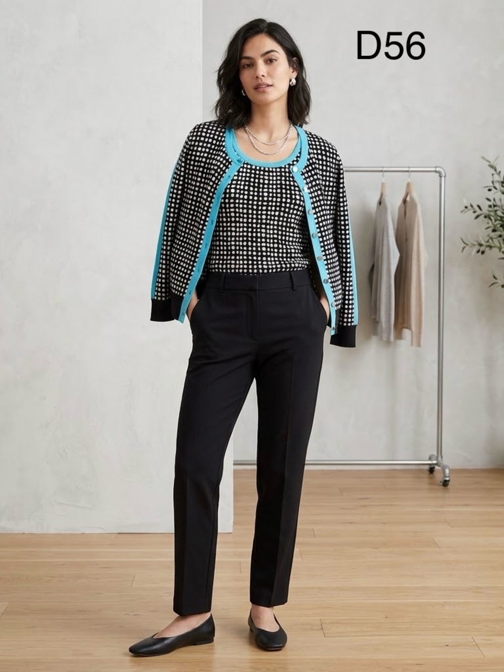 Per Se Black Cardigan and Shell with Turquoise Trim, Size M/L